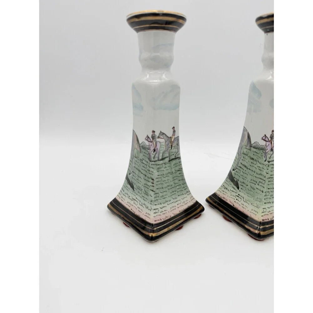 Vintage Chinese Equestrian Hand-Painted Porcelain Candle Holder by Nieman Marcus